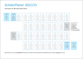 Seitenplan für 32 Seiten SchülerPlaner 2022/2023