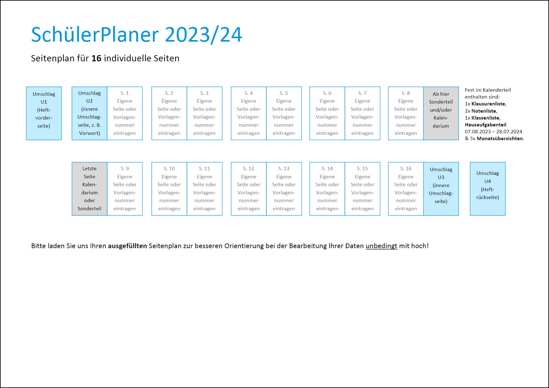 Seitenplan für 16 Seiten SchülerPlaner 2022/2023