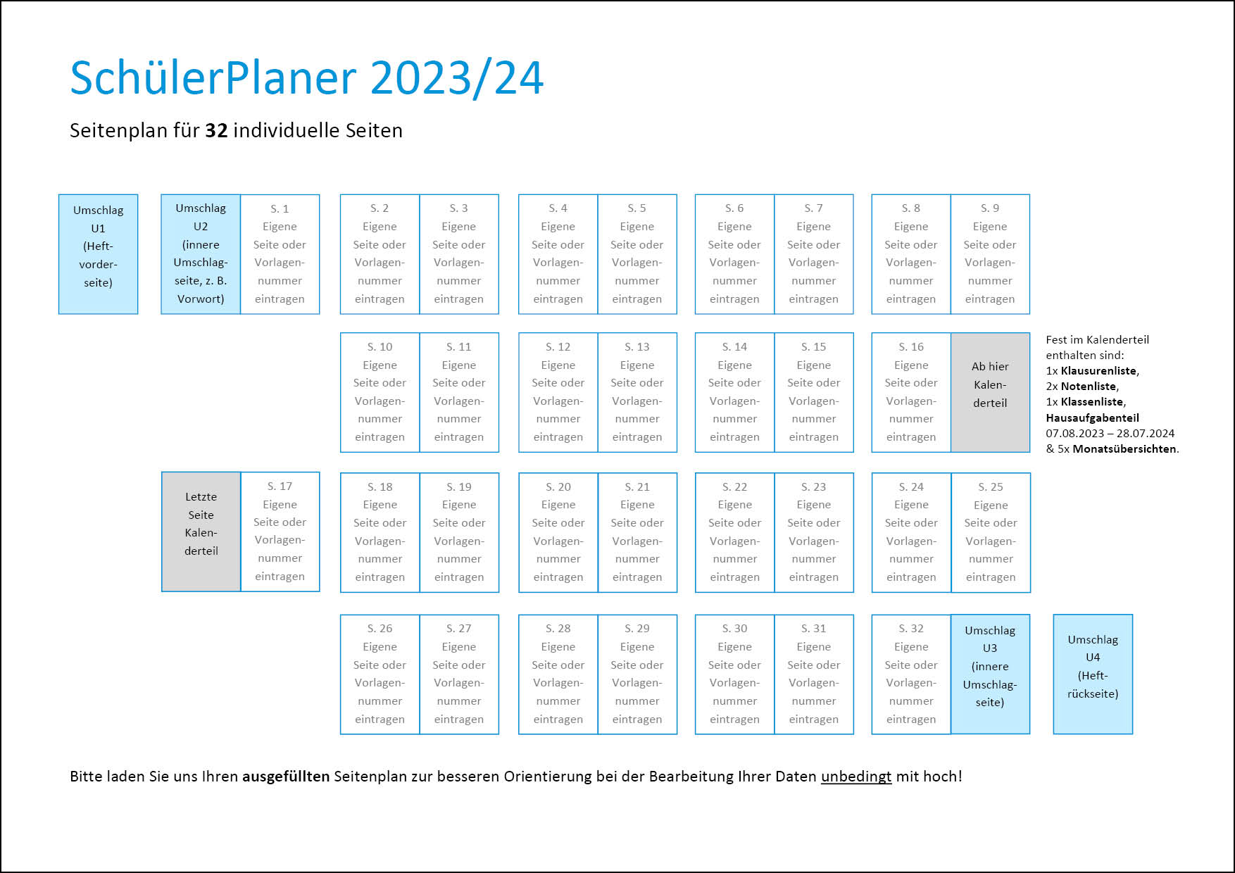 Seitenplan für 32 Seiten SchülerPlaner 2022/2023