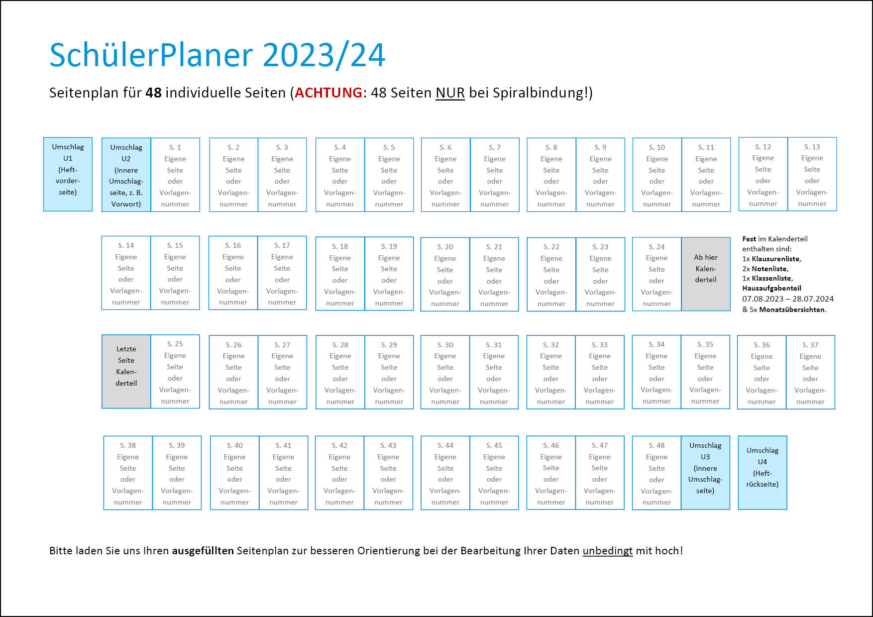 Seitenplan für 48 Seiten SchülerPlaner 2022/2023