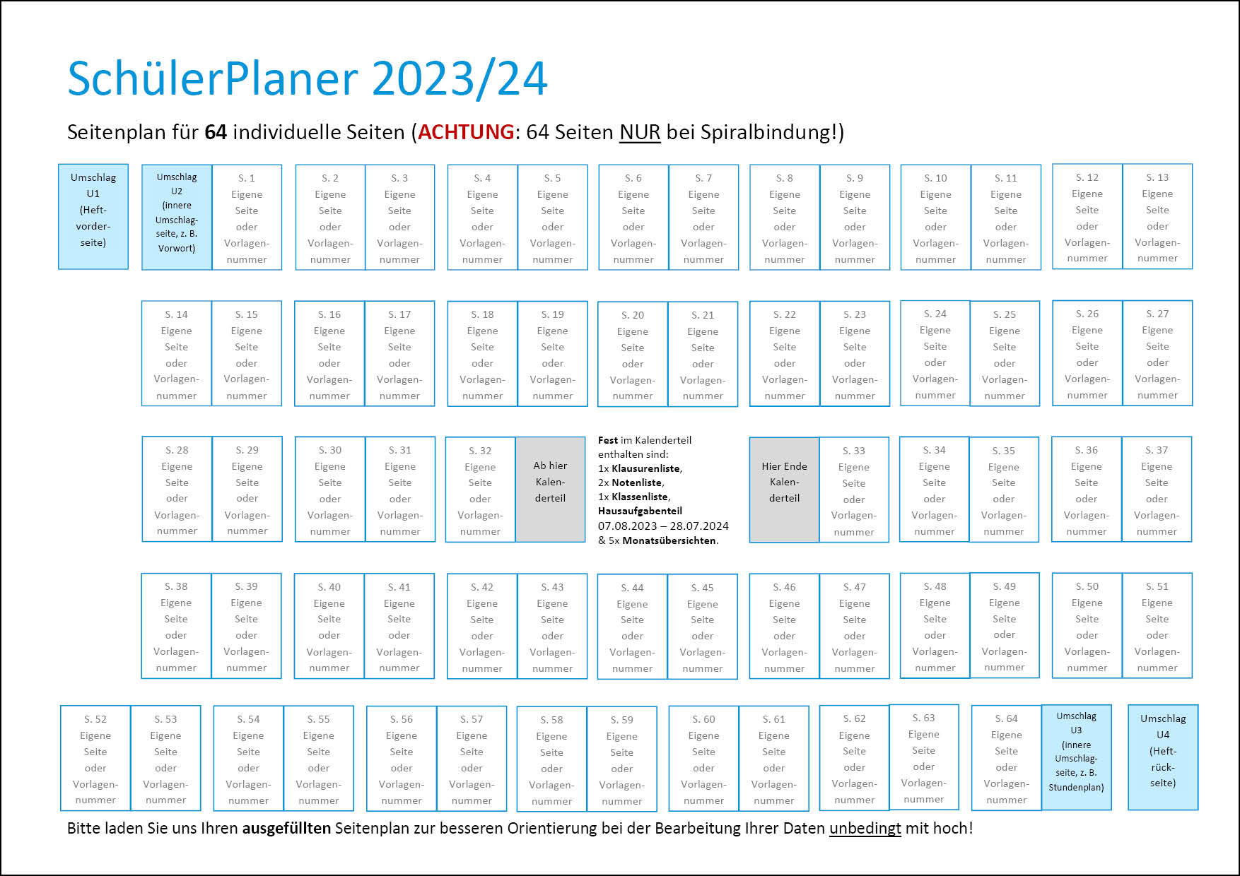 Seitenplan für 64 Seiten SchülerPlaner 2022/2023