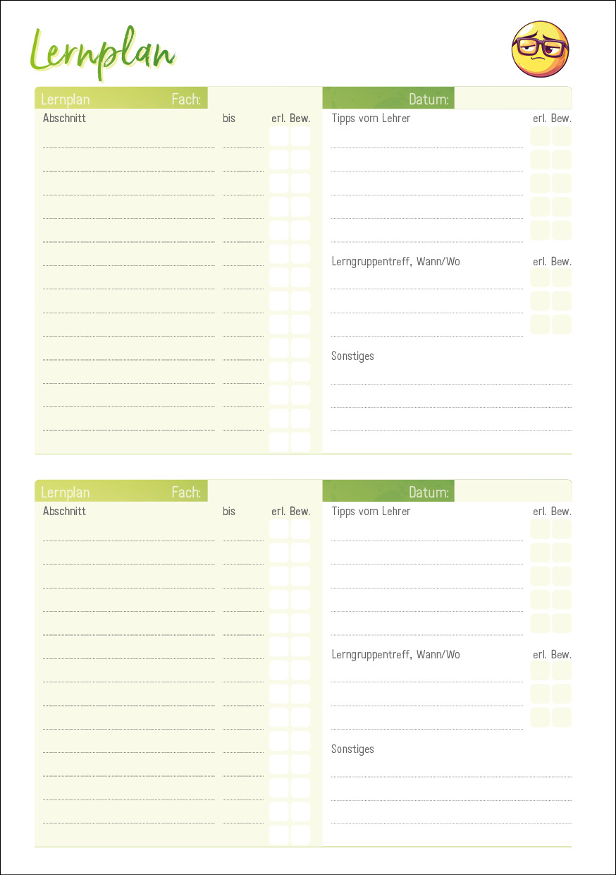 Häfft Design SchülerPlaner - Lernplan Seite