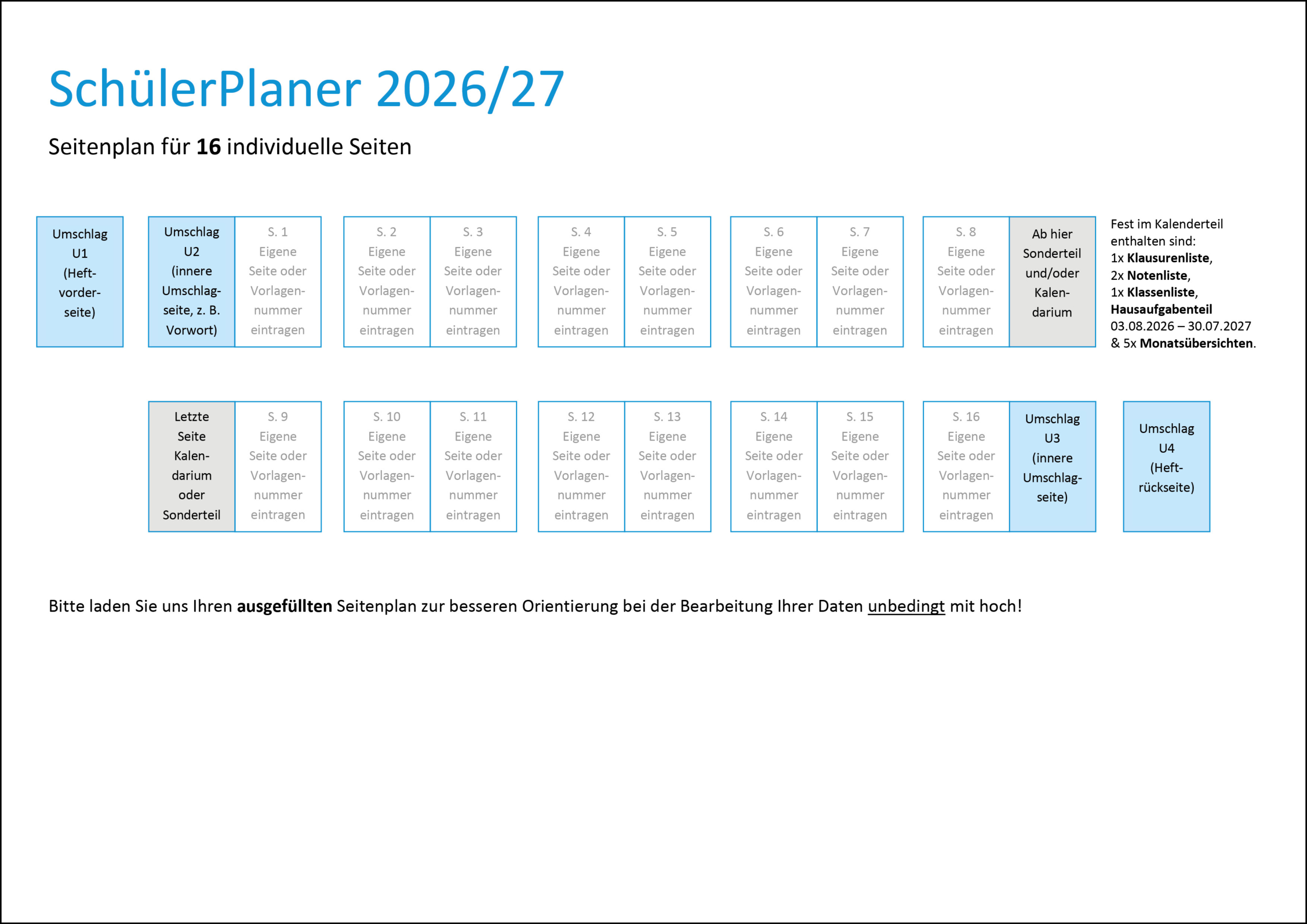 Seitenplan für 16 Seiten SchülerPlaner 2022/2023