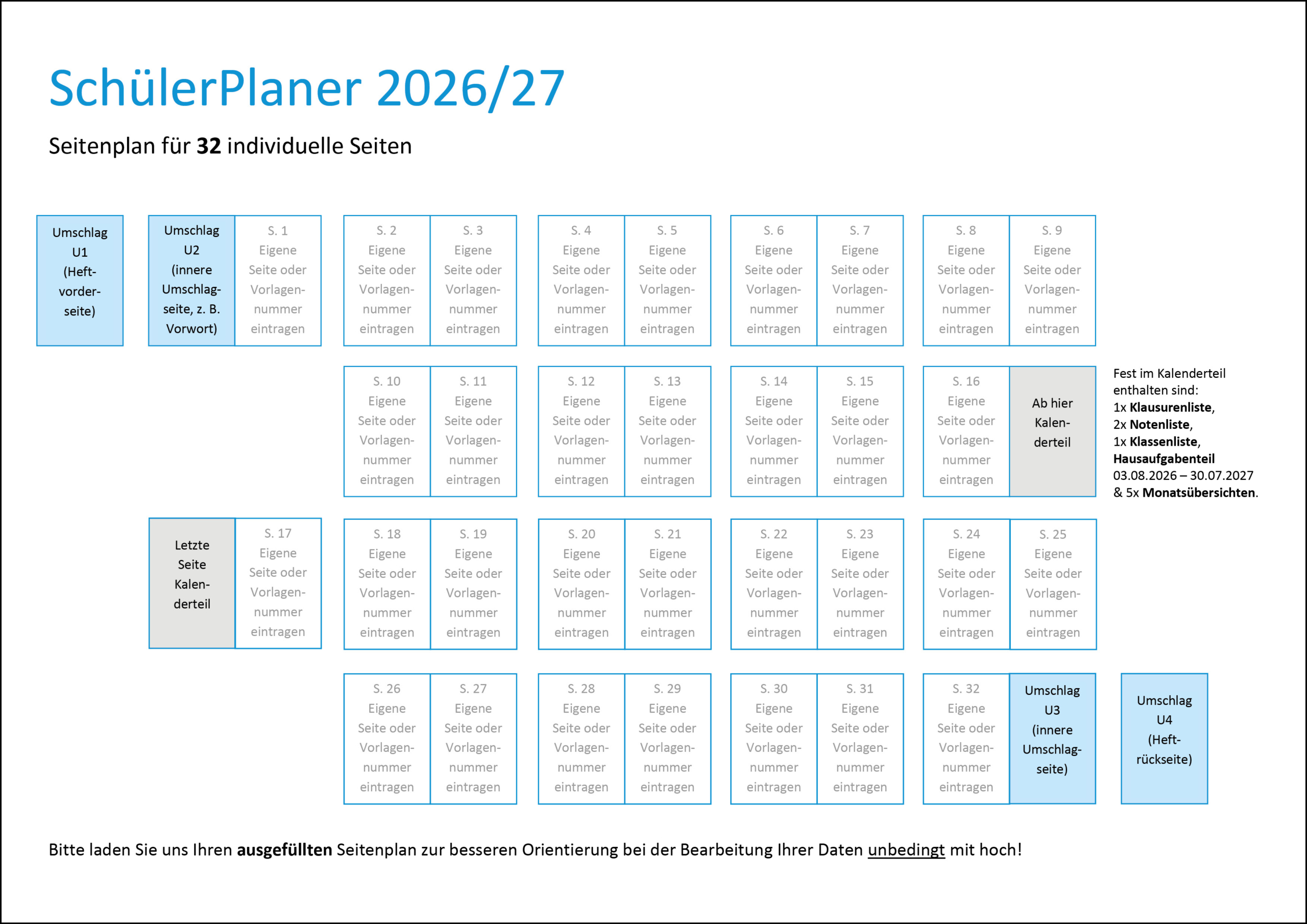Seitenplan für 32 Seiten SchülerPlaner 2022/2023