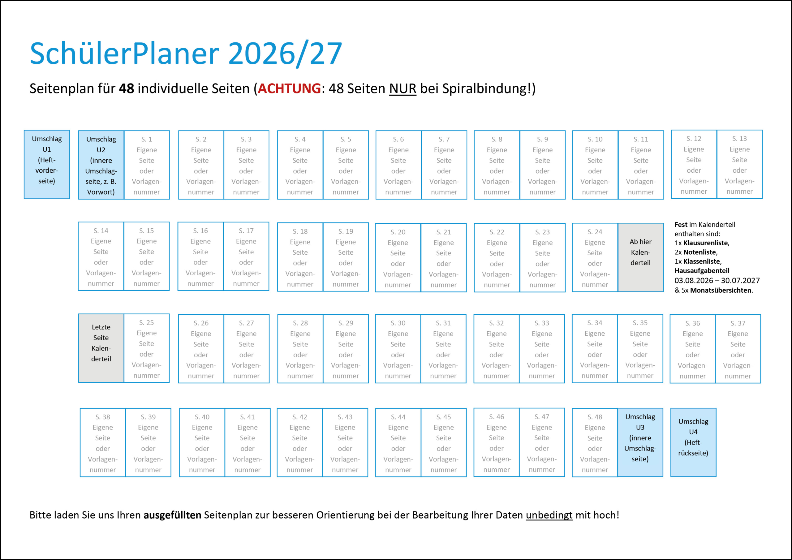 Seitenplan für 48 Seiten SchülerPlaner 2022/2023