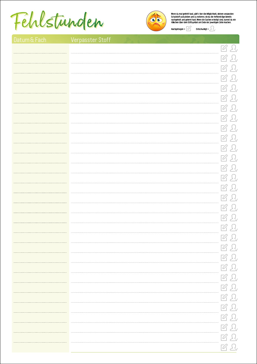 Häfft Design SchülerPlaner - Fehlstunden Seite