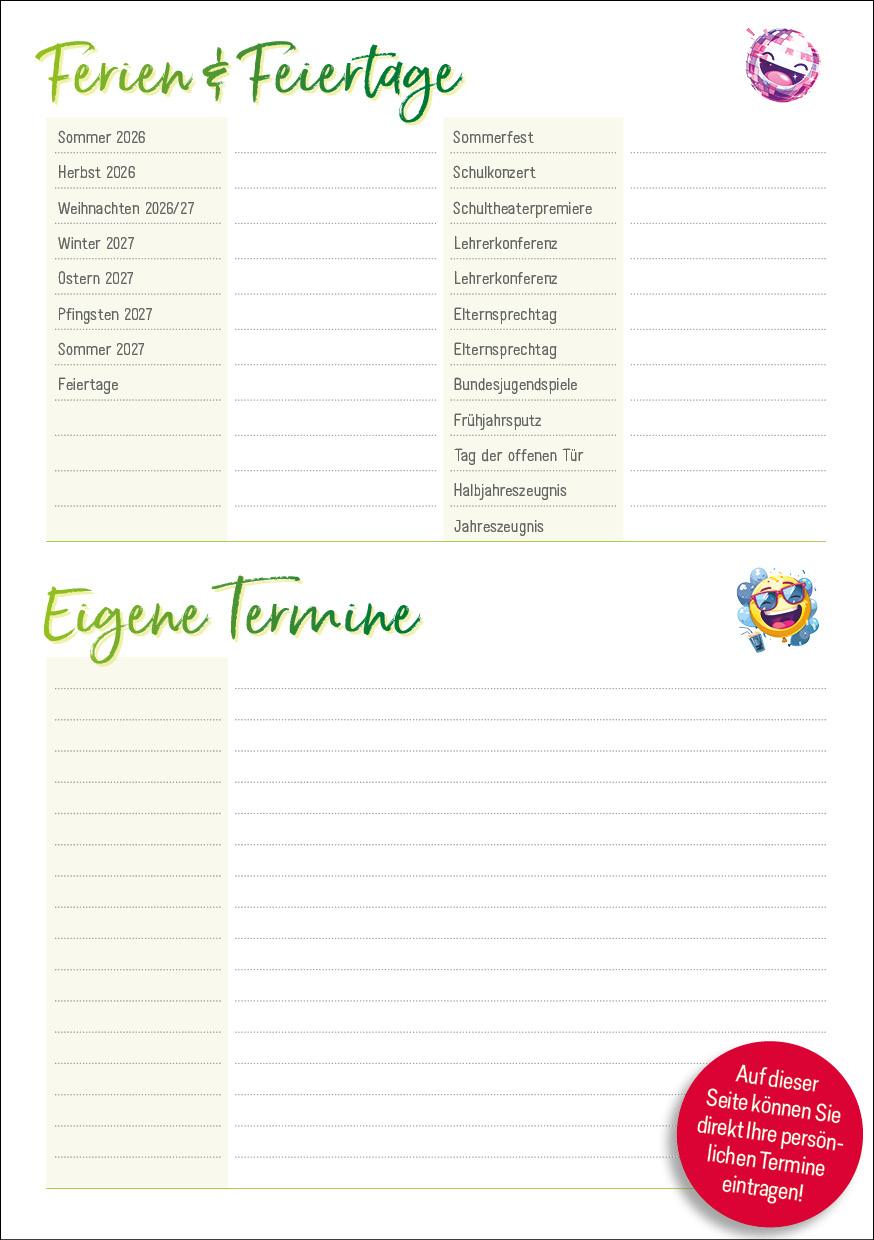 Häfft Design SchülerPlaner - Ferien / Feiertage Seite